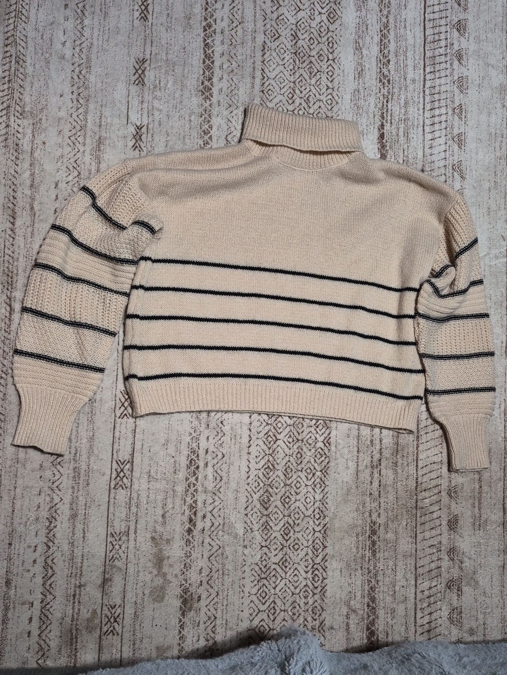 Cropped Cream Turtleneck Sweater with Black Stripes